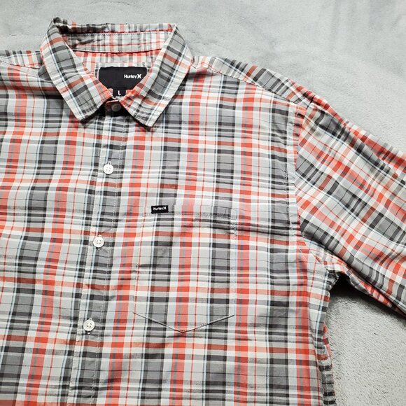 Hurley Long Sleeve Button Up Plaid Shirt 1 Pocket Gray Red Blue Men Sz L - Picture 5 of 12